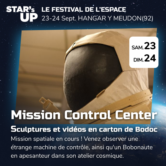 Sculptures et vidéos en carton de Bodoc. Mission spatiale en cours ! Venez observer une étrange machine de contrôle, ainsi qu'un Bobonaute en apesanteur dans son atelier cosmique.
