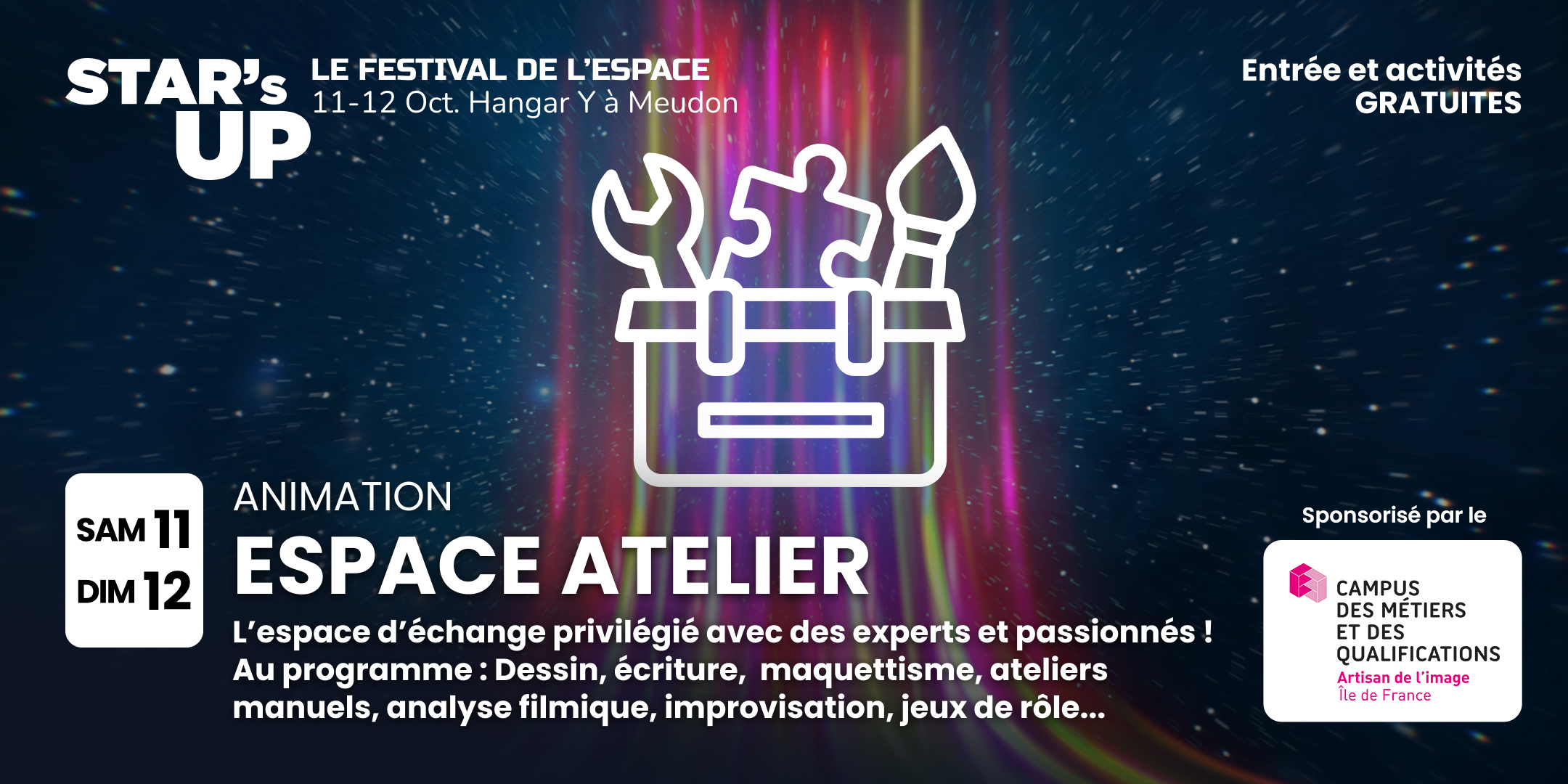 Durant le festival, rendez-vous à l'ESPACE ATELIER. C'est le lieu d’échange privilégié avec des experts et passionnés ! Au programme : Dessin, écriture, maquettisme, ateliers manuels, analyse filmique, improvisation, jeux de rôle...